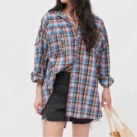 Urban Outfitters Oversized Bryce Plaid Longline Button Down Shirt Small - Picture 2 of 9